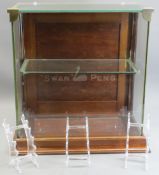 SWAN PENS MAHOGANY & GLASS MOUNTED DISPLAY CABINET with etched detail to the glass front, single