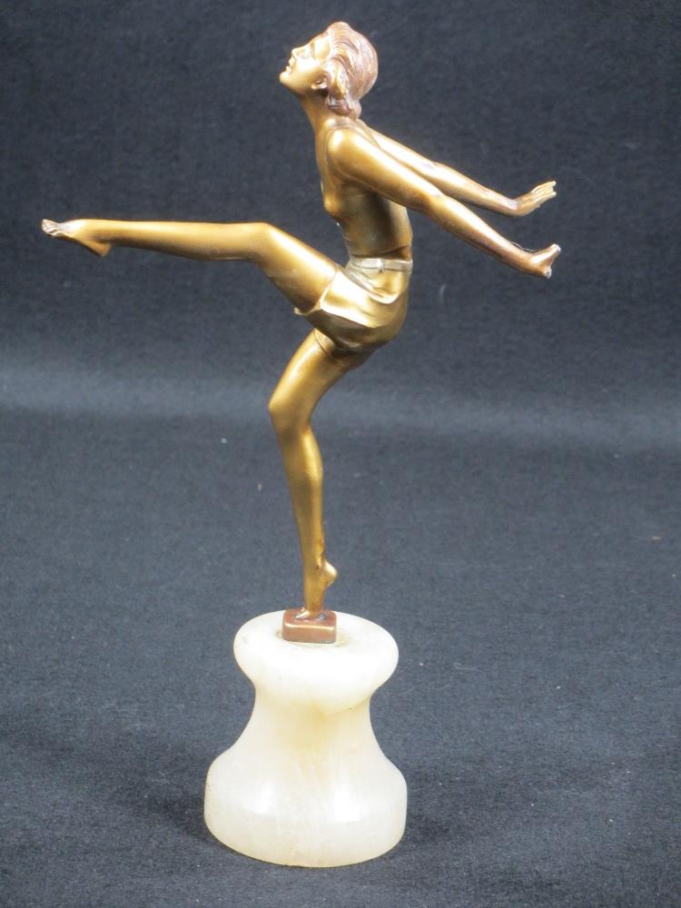 ART DECO COLD PAINTED GILT SPELTER LADY IN THE STYLE OF JOSEF LORENZL - on a mineral base, unsigned, - Image 4 of 4