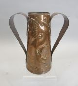 NEWLYN TWO-HANDLED COPPER FISH VASE - 14.5cms overall H, stamped 'Newlyn' to the base
