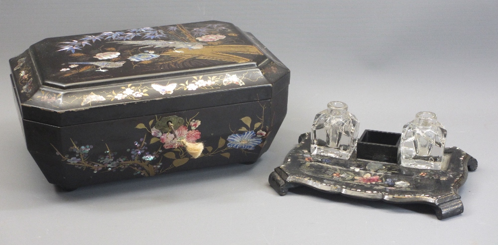 ORIENTAL LACQUERWORK JEWELLERY/WORK BOX and a papier mache ink stand with twin glass bottles, both