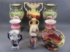 VICTORIAN PINK GLASS LUSTRES, A PAIR, large pottery vases and others, a mixed group