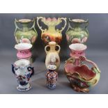 VICTORIAN PINK GLASS LUSTRES, A PAIR, large pottery vases and others, a mixed group