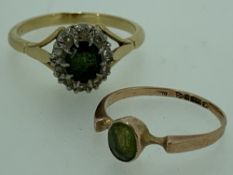 CHESTER 9CT PERIDOT SET RING and a possible 18ct emerald and diamond cluster ring size Mid K-L and