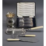 A BOXED SET OF 6 EP CAKE FORKS, a plain EP tankard by Barker Ellis with scrolled handle, a pair of