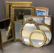 MIRRORS (8) - an assortment including triple dressing mirror, gilt framed and a mid-century style,