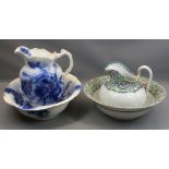VICTORIAN WASH, JUG & BOWL SETS (2) - Flow Blue example and a Royal Doulton floral decorated