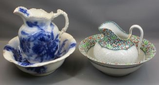 VICTORIAN WASH, JUG & BOWL SETS (2) - Flow Blue example and a Royal Doulton floral decorated