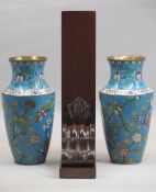 CLOISONNE VASES, A PAIR - 26cms tall and an antique mahogany wall shelf inscribed 'Lambert, Coventry