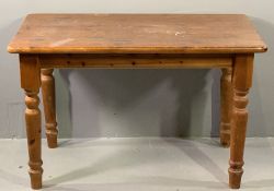 VICTORIAN STYLE PINE FARMHOUSE TABLE on turned supports, 77cms H, 120cms W, 75cms D