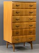 MID CENTURY HIGH GLOSS LIGHT WOOD CHEST of six drawers, on tapering supports, 114cms H, 65cms W,