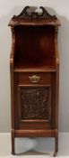 CIRCA 1900 MAHOGANY COAL PURDONIUM with shaped upper shelf, drop down front with fancy brass