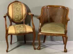 REPRODUCTION WALNUT ARMCHAIRS (2) including a double caned Bergere armchair with knurled arm ends