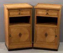 PAIR SATINWOOD EX-SHIP'S CABIN BEDSIDE CABINETS - tray form top (glass missing) above a brushing