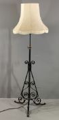 VINTAGE WROUGHT IRON & BRASS ADJUSTABLE STANDARD LAMP with shade, 187cms H fully extended without