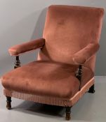 VICTORIAN GENTLEMAN'S SALON ARMCHAIR in muted red velour upholstery, having turned arm and front