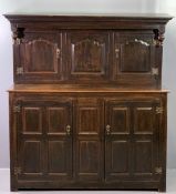 ANTIQUE OAK & LATER BUFFET SIDEBOARD, the top section with overhang to the cornice and turned