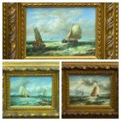 REPRODUCTION PAINTINGS TRIO - maritime related, in elaborate heavy gilt frames, unsigned, 56 x 66cms