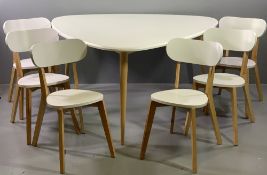 MODERN IKEA SOFT TRIANGLE DINING TABLE, 76cms H, 149cms W, 149cms D and six chairs having curved