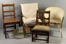 ANTIQUE & LATER CHAIRS (4) to include two oak and elm farmhouse chairs, Lloyd loom style tub chair