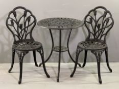 CAFE STYLE METAL GARDEN SET, three pieces including a circular top table with under tier shelf,