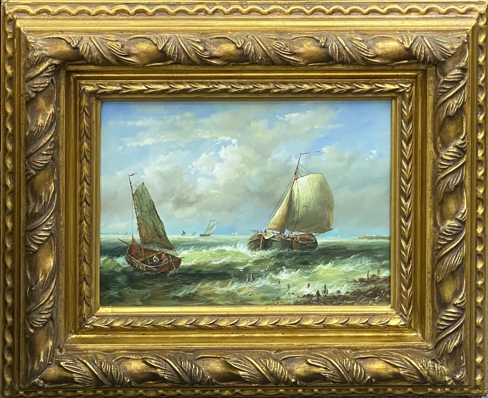 REPRODUCTION PAINTINGS TRIO - maritime related, in elaborate heavy gilt frames, unsigned, 56 x 66cms - Image 3 of 4