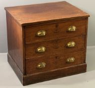 ANTIQUE MAHOGANY THREE DRAWER CHEST - neatly proportioned, having brass cup handles on a plinth