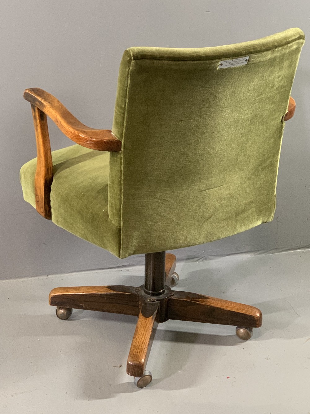 VINTAGE OAK UPHOLSTERED OFFICE ARMCHAIR, swivel, rise and fall action, in green velour upholstery, - Image 2 of 3