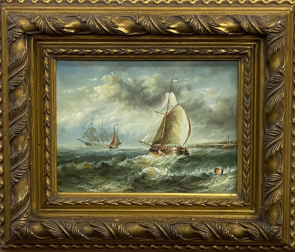 REPRODUCTION PAINTINGS TRIO - maritime related, in elaborate heavy gilt frames, unsigned, 56 x 66cms - Image 2 of 4