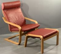 IKEA ULTRA MODERN BENTWOOD ARMCHAIR & MATCHING FOOTSTOOL with red leather effect upholstery, 96cms