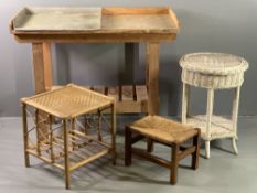 OPEN BASE WORKBENCH, 97.5cms H, 120cms W, 54.5cms D, two wickerwork side tables and a string