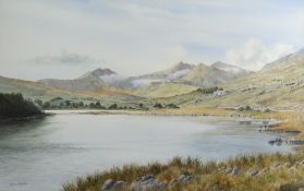 MAX A S HAMBLEN watercolour - expansive scene of Llyn Mymbyr and the Snowdon horseshoe at Llanberis,