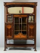 ART NOUVEAU INLAID MAHOGANY DISPLAY CABINET having stylized floral inlays and carved detail,