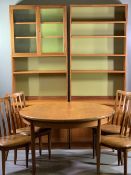 G-PLAN MID CENTURY TEAK DINING SUITE of circular topped extending dining table, 73.5cms H, 123cms