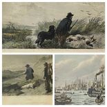 RICHARD ANSDELL antique coloured hunting prints, a pair, 41 x 64cms, a print - boat on the Thames,