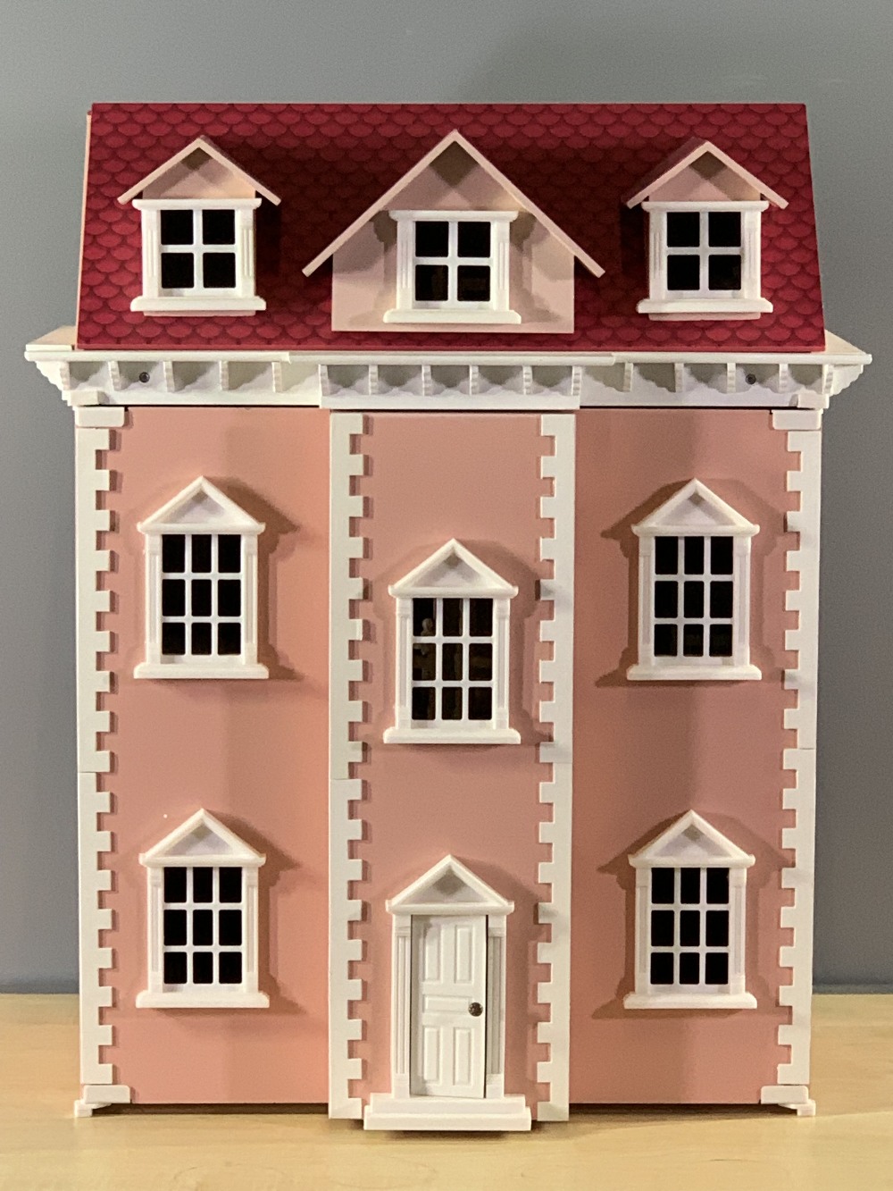 VICTORIAN STYLE DOLL'S HOUSE with furniture contents, 69cms H, 56cms W, 40cms D