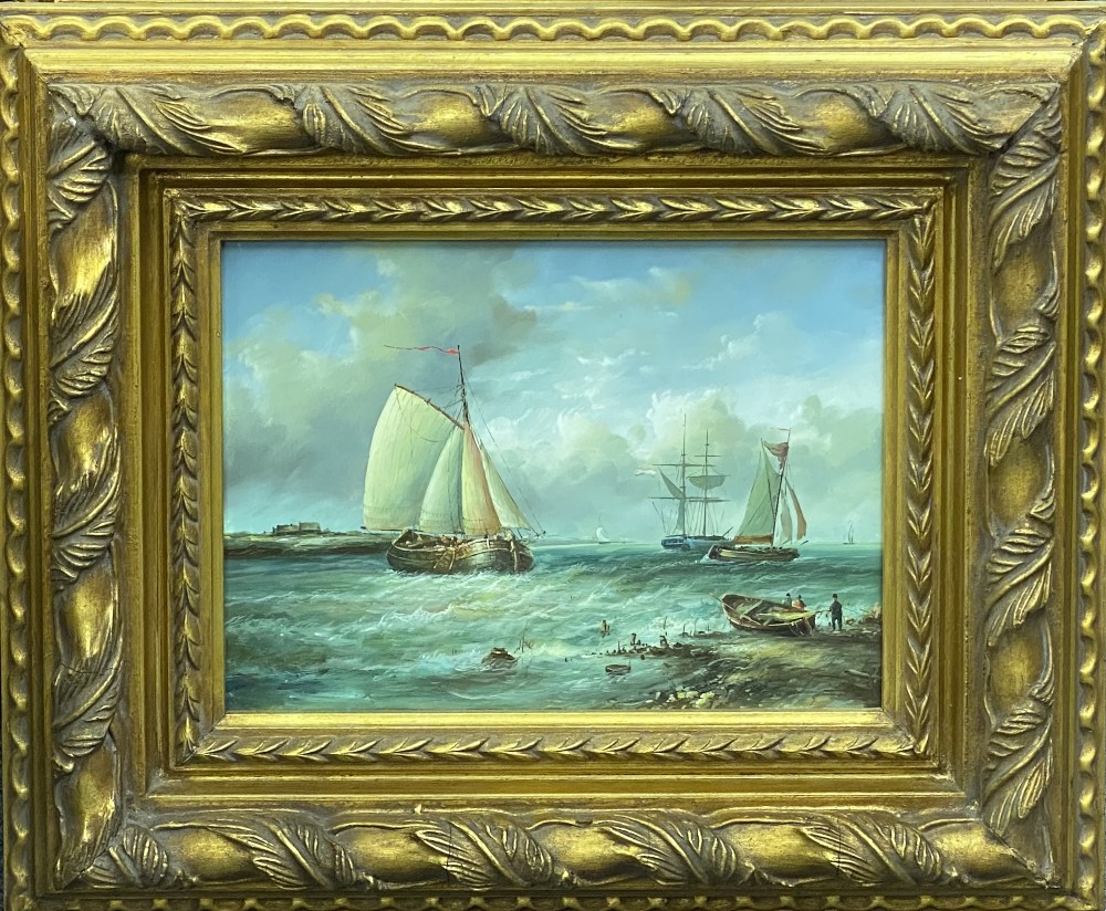 REPRODUCTION PAINTINGS TRIO - maritime related, in elaborate heavy gilt frames, unsigned, 56 x 66cms - Image 4 of 4