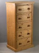 REPRODUCTION PINE FIVE DRAWER CHEST with turned wooden knobs on a plinth base, 120cms H, 61cms W,