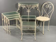 WROUGHT IRON GLASS TOPPED FURNITURE GROUP including a set of three occasional tables, half moon hall