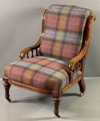 VICTORIAN MAHOGANY NURSING CHAIR in modern tartan upholstery with spindle supported short swept