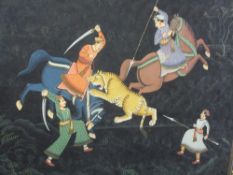20th CENTURY INDIAN SILK PAINTING - depicting a tiger hunt, finely painted in acrylics with a floral