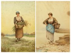 A POISSON 19th Century watercolours, a pair - Dutch girls, 39.5 x 26.5cms