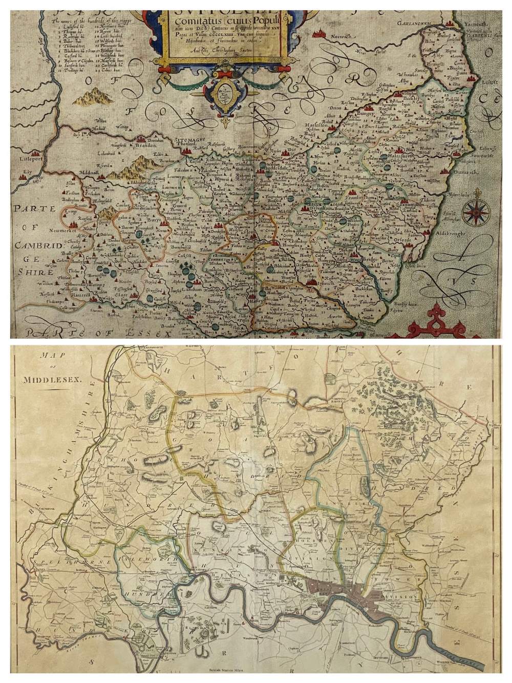 ANTIQUARIAN MAPS - Suffolk after Saxton, 58 x 71cms and Middlesex by Stockdale, 42 x 53cms