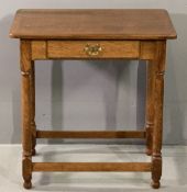 VINTAGE OAK SINGLE DRAWER HALL TABLE on turned and block supports, 68cms H, 66cms W, 41cms D