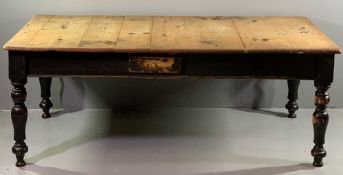 19th CENTURY PINE SCRATCH TOP FARMHOUSE TABLE with single central side drawer, on turned supports,
