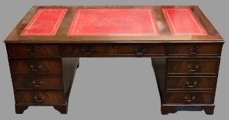 REPRODUCTION DESK - large example with three section red tooled leather effect surface, twin