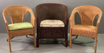 WICKER TUB ARMCHAIRS (3), one being Lloyd loom style with lower skirt, 74cms H, 65cms W, 48cms D the