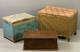 LINEN/STORAGE BOXES (3) - Lloyd loom style and vintage oak, 43cms H, 55cms W, 35.5cms D; 36cms H,