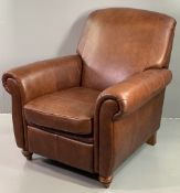 MARKS & SPENCER BROWN LEATHER RECLINING CLUB ARMCHAIR, 98cms H, 97cms W, 57cms D the seat