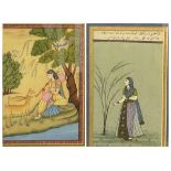 TWO EARLY FRAMED MUGHAL DRAWINGS - one of a lady feeding deer, 24 x 19cms and the other a lady