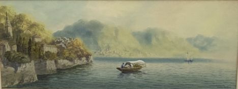 CONTINENTAL WATERCOLOUR - boat on a lake titled 'Castagnola Lago Maggiore', indistinctly signed